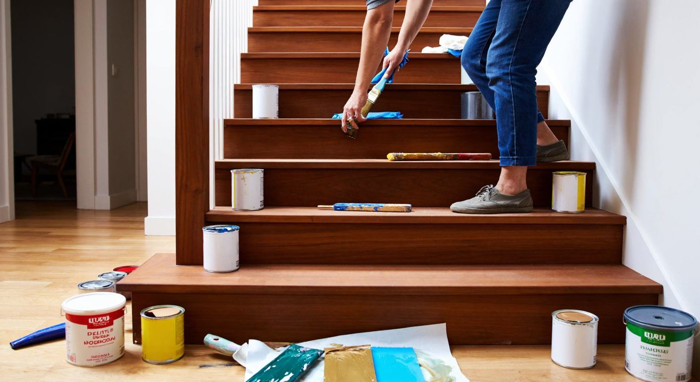 A wooden staircase in a Turkish home, half-painted with a glossy finish, surrounded by open cans of water-based and oil-based paints, brushes, and sandpaper, with a person in casual clothes carefully applying paint to the steps.