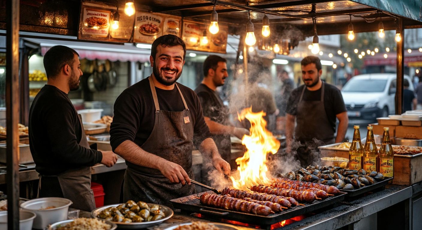 A bustling street food stall in İzmir, with a smiling middle-aged man (Yiğit Can Karabaş) grilling fresh kokoreç over flames, surrounded by steaming trays of midye dolma and golden arpa suyu bottles, while two other men (Gökhan and Erhan Plana) serve eager customers under warm string lights.