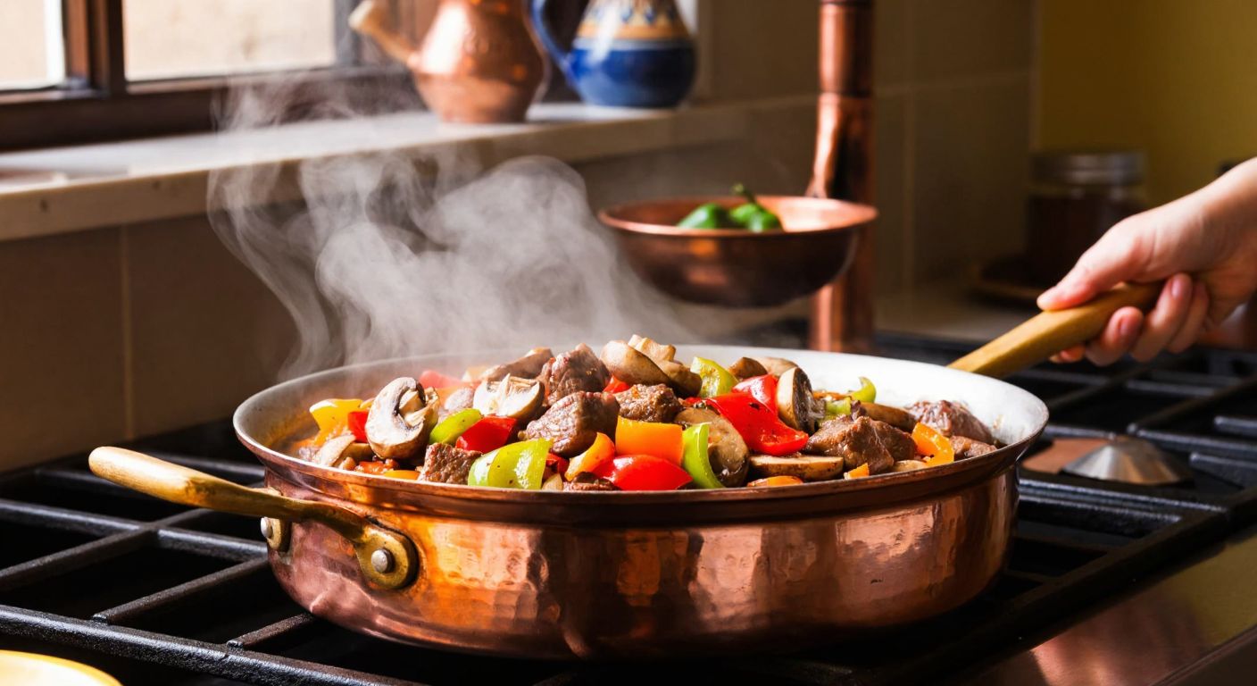 A steaming copper pot on a stovetop, filled with sizzling cubed meat, colorful bell peppers, and fresh mushrooms being stirred by a wooden spoon, with a Turkish kitchen in the background featuring warm lighting and ceramic spice jars.