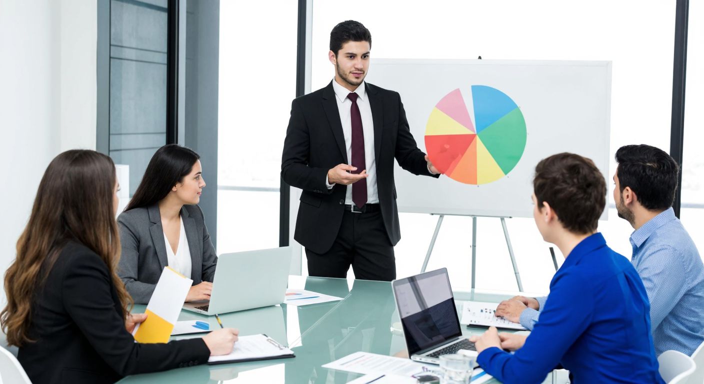 A confident young Turkish professional in a modern office setting, dressed in business attire, presenting a colorful pie chart to a diverse team seated around a glass table, with laptops and documents scattered, symbolizing various business management roles.
