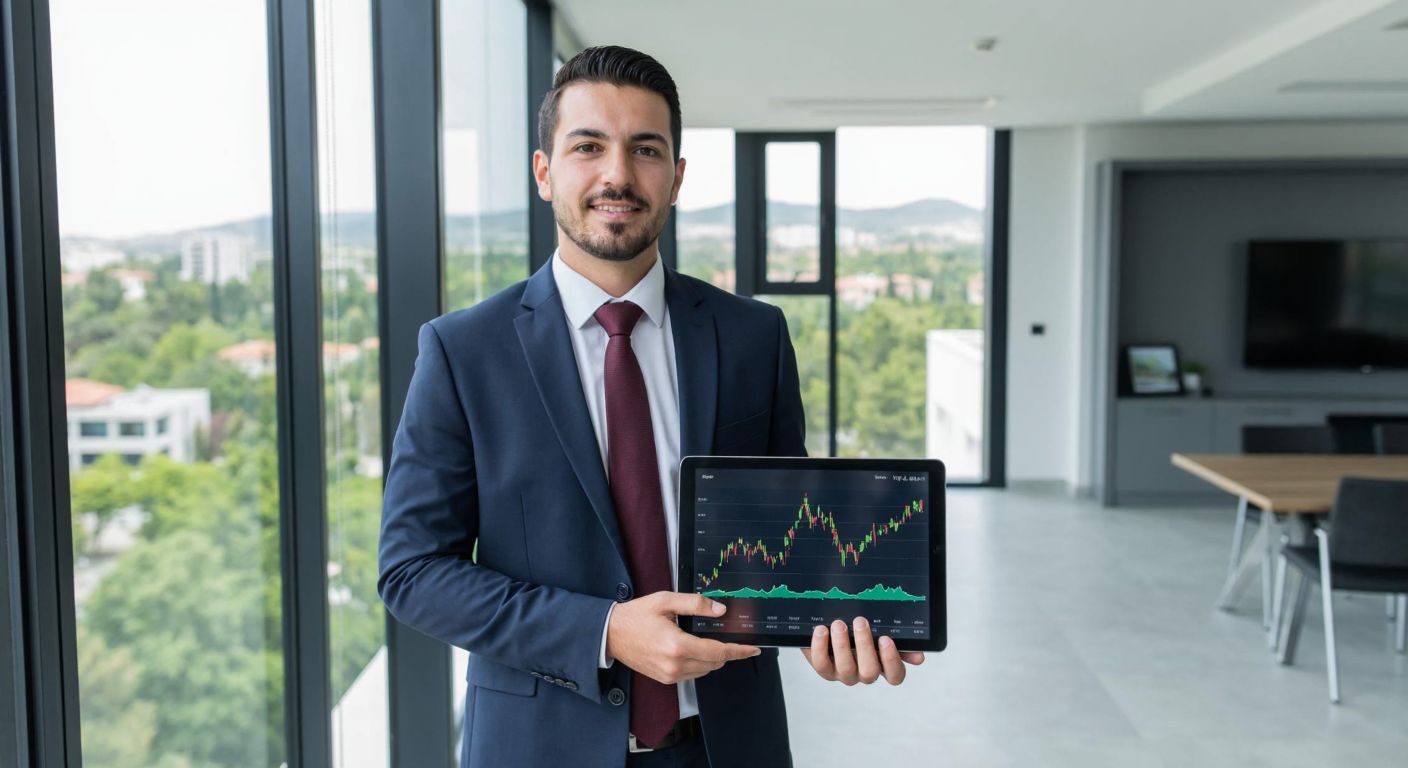 A confident Turkish businessman in a sleek suit stands in a modern office in İzmir, holding a tablet displaying stock market graphs, with a view of the Eraslan School campus in the background.