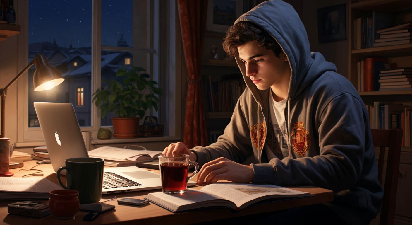 A young student in a cozy Turkish home, wearing a university hoodie, intently clicks through an online portal on a laptop while a steaming cup of çay sits beside them, surrounded by scattered notebooks and a printed academic calendar.