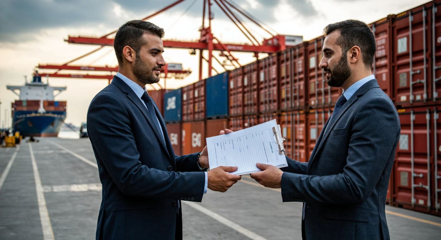A bustling Turkish port with cargo ships in the background, a stack of shipping containers in the foreground, and a businessman in a suit handing over a document to a port official, both looking focused and efficient.