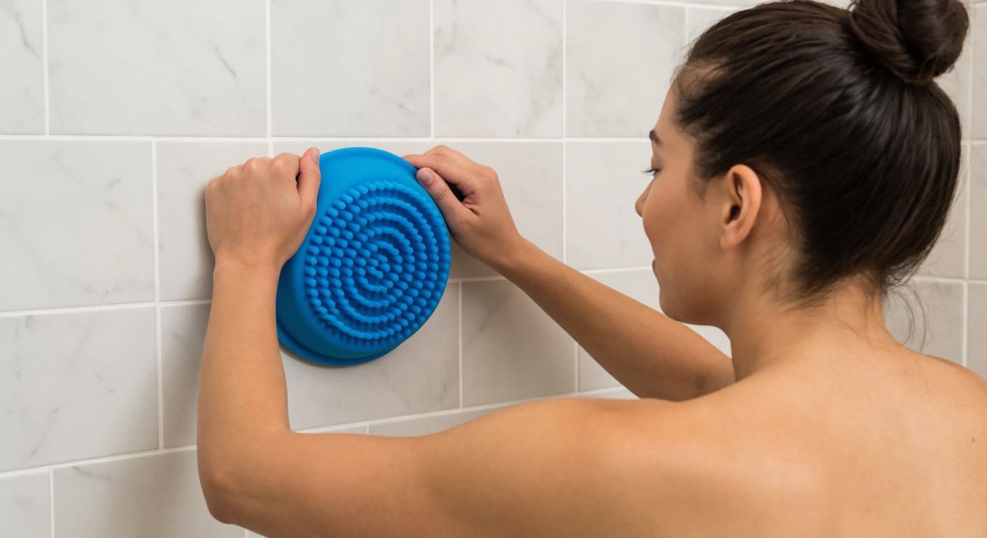 A person in a steamy Turkish bathroom presses a blue silicone scrubber with suction cups firmly onto a tiled wall, their relaxed expression reflecting the soothing massage effect.