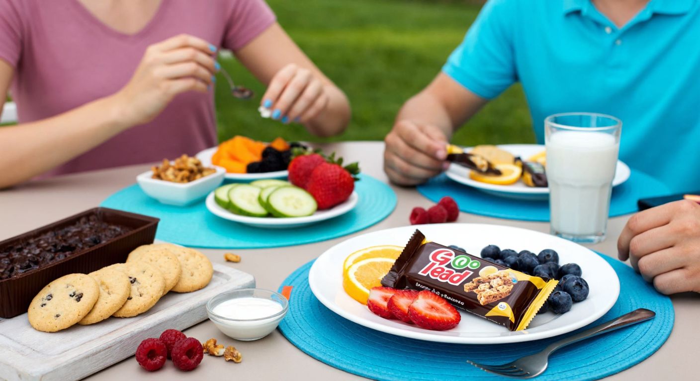 A vibrant Turkish breakfast table with a neatly arranged plate of Ülker Go Ahead bars, fresh fruits, and a glass of ayran, surrounded by smiling people in casual attire enjoying the healthy snack.