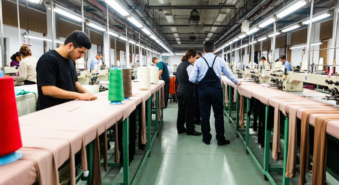 A bustling textile factory in Istanbul with workers carefully inspecting rows of freshly made pantyhose on a conveyor belt, surrounded by colorful spools of thread and industrial sewing machines.