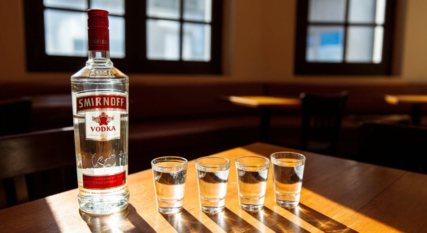 A clear glass bottle of Smirnoff vodka sits on a wooden table beside five small, empty shot glasses, with warm Turkish cafe lighting casting soft shadows.