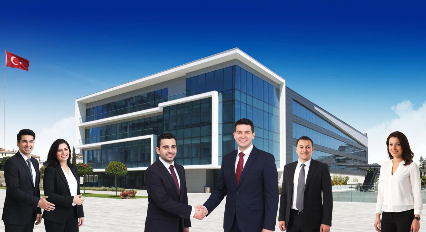 A modern office building in Istanbul with a glass facade, surrounded by people in business attire smiling and shaking hands, under a bright blue sky with a Turkish flag subtly visible in the background.