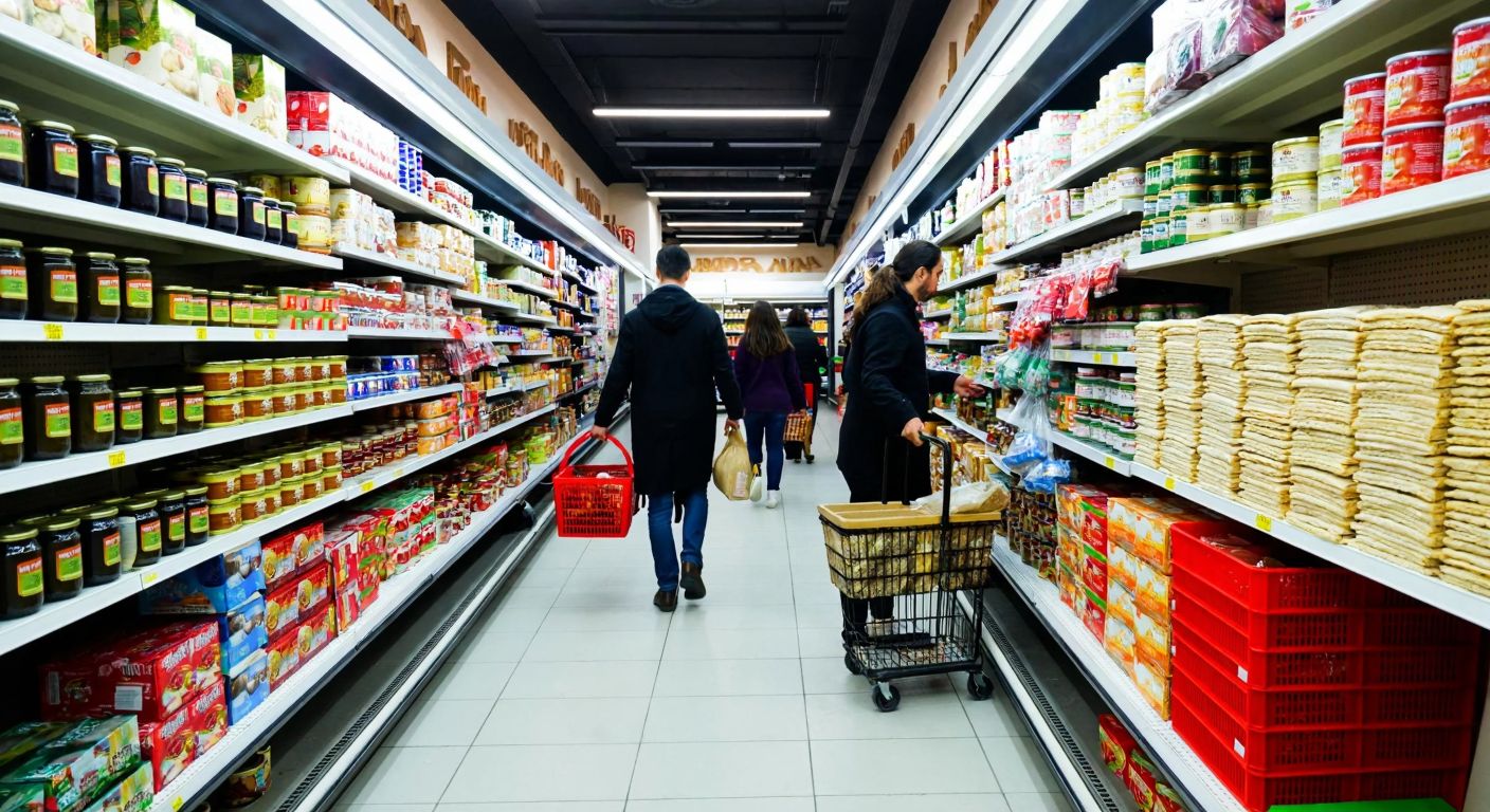 A bustling BİM supermarket aisle in Turkey, filled with colorful shelves of discounted food items like jars of black olives, canned peas, strawberry jam, and stacks of lavash bread, while shoppers with baskets eagerly browse the deals.