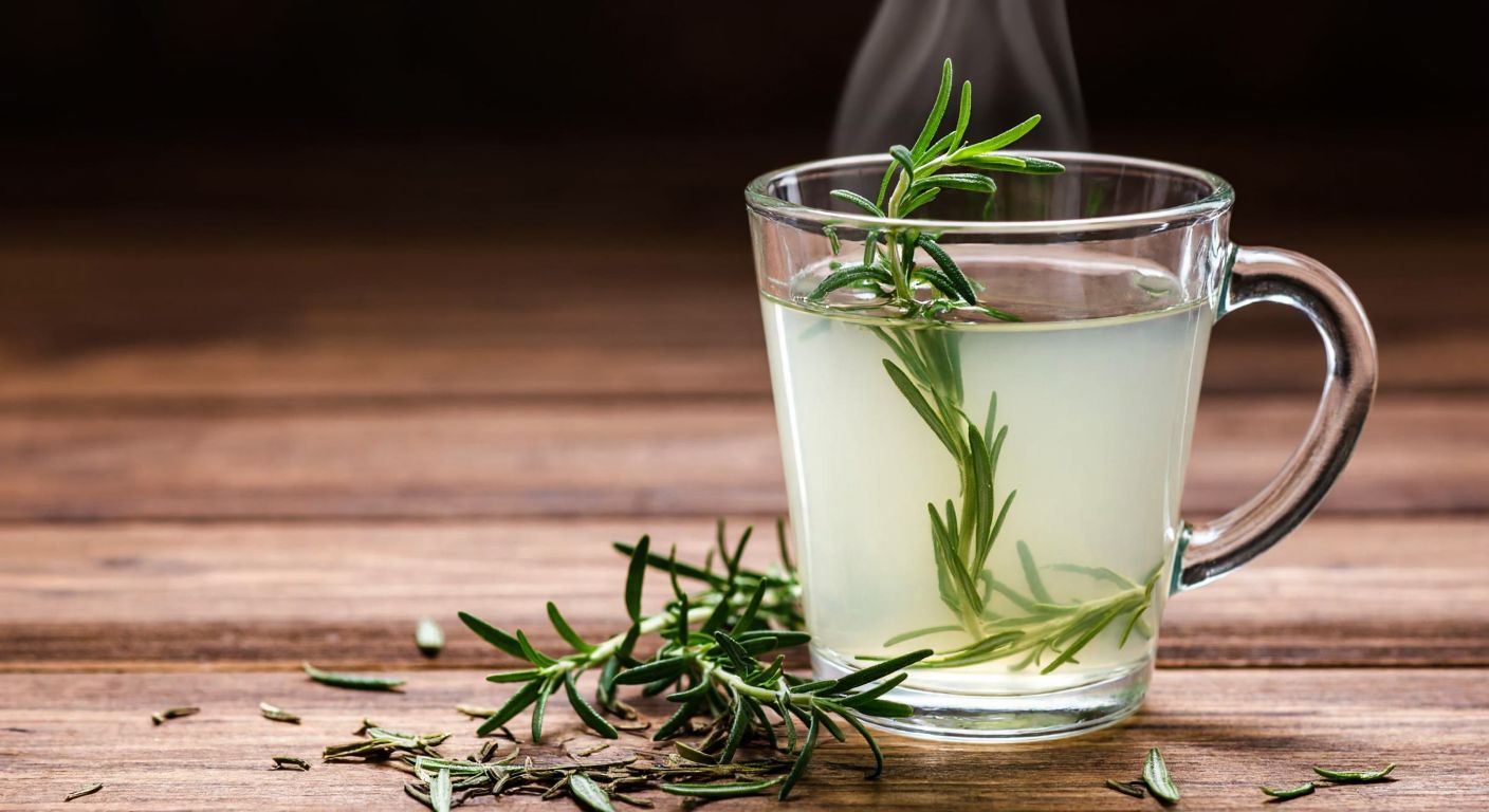 A small glass cup filled with rosemary-infused water, fresh rosemary sprigs floating on top, steam rising gently, placed on a rustic wooden table with scattered dried rosemary leaves nearby.