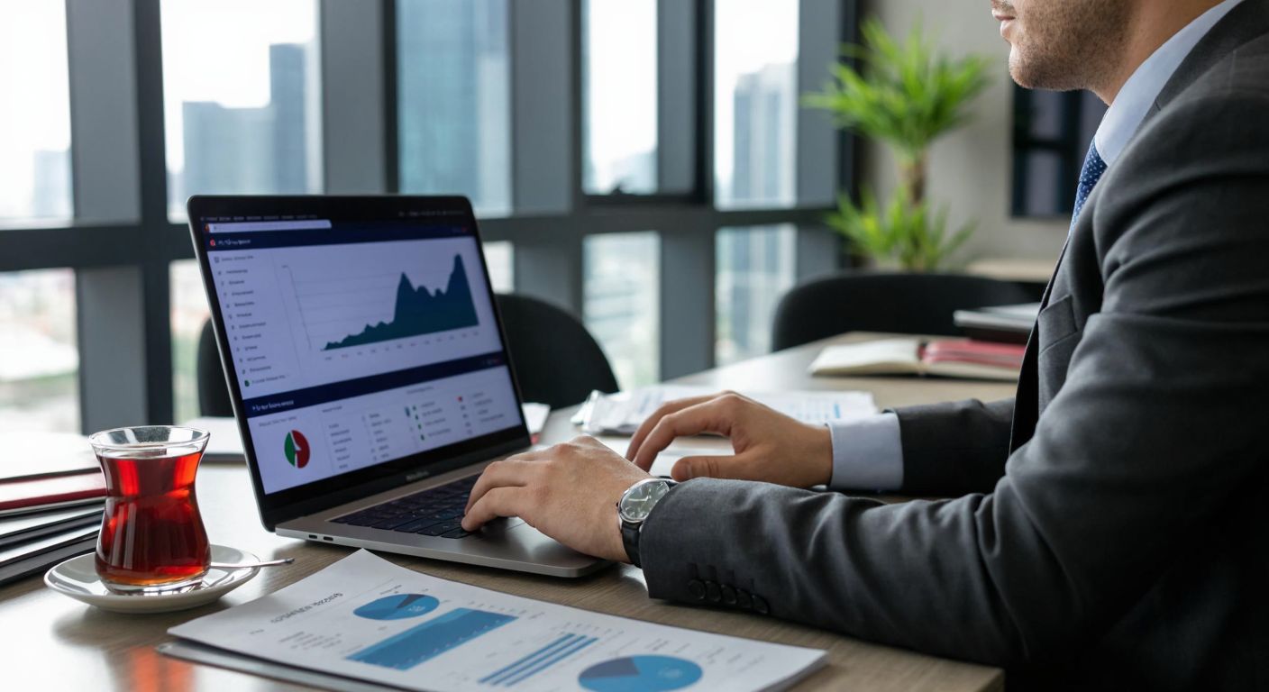 A modern Turkish office setting with a person in business attire confidently browsing financial charts on a sleek laptop, surrounded by neatly organized documents and a steaming cup of Turkish tea.