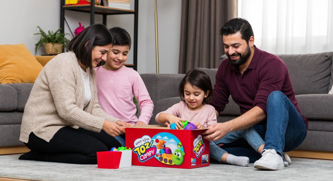 A cheerful Turkish family in a cozy living room, smiling as a child unwraps a colorful toy from a Toyzz Shop box, with shelves of safe, high-quality toys in the background.