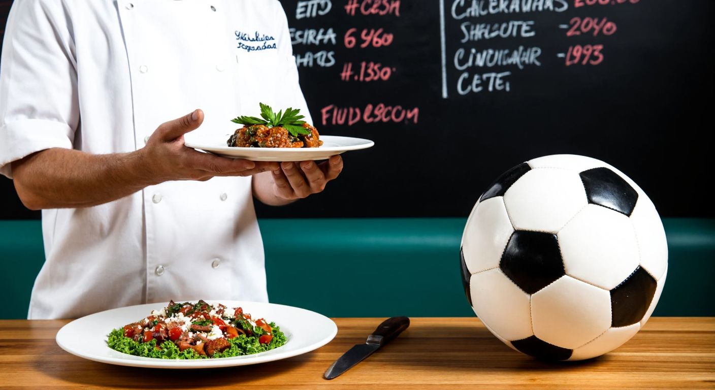 A chef presenting a small plate of Turkish meze next to a soccer ball on a wooden table, with a chalkboard menu in the background.