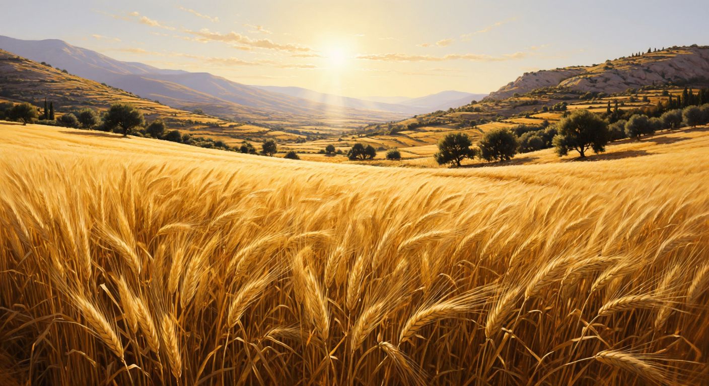 A golden wheat field under a bright sun in Turkey's Aegean region, with dark-tipped stalks swaying in the breeze, framed by rolling hills and olive trees.