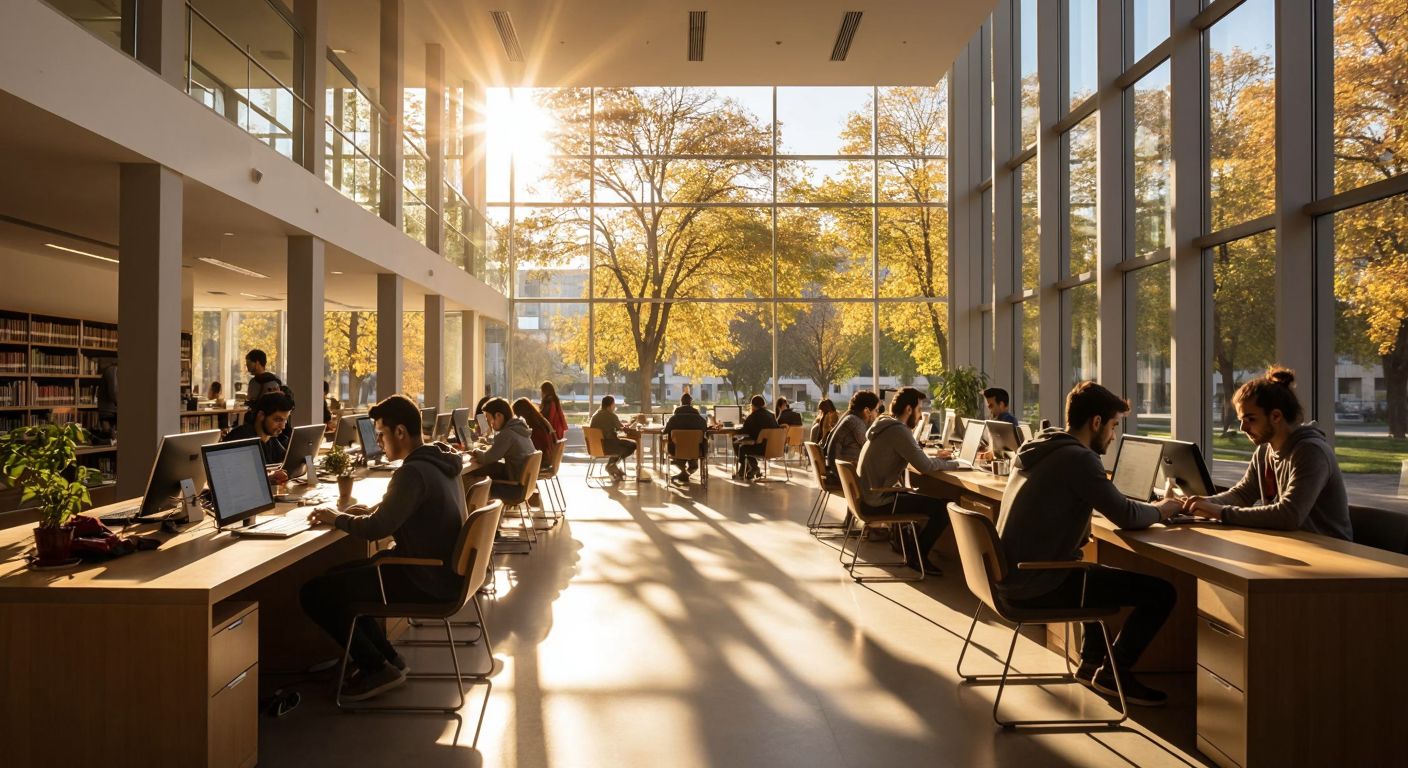 A modern university campus in Ankara with students sitting at computers in a sunlit library, focused on accessing online courses through a sleek digital interface.