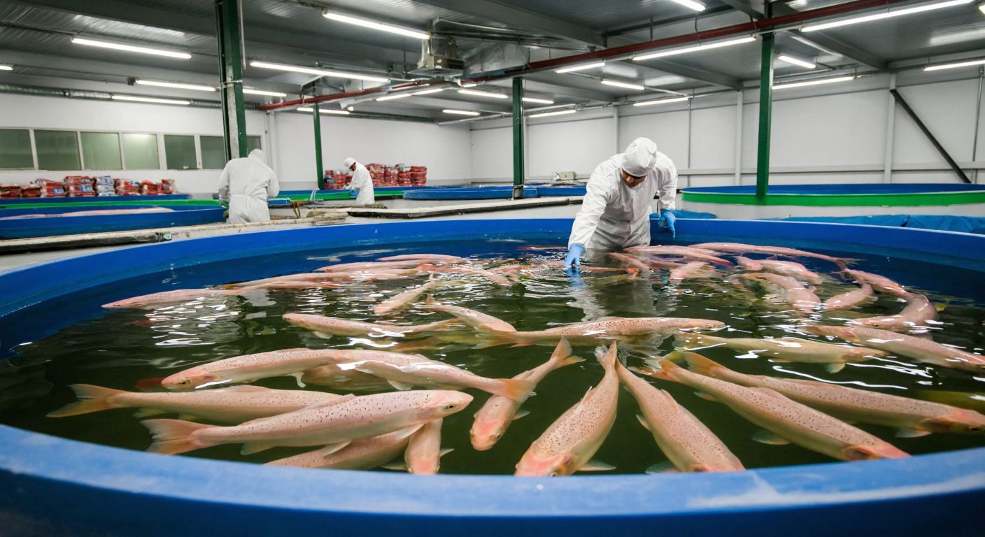 A modern indoor fish farm in Turkey with circular tanks filled with lively rainbow trout, workers in clean white overalls carefully monitoring water quality, and stacks of high-nutrient fish feed bags nearby.