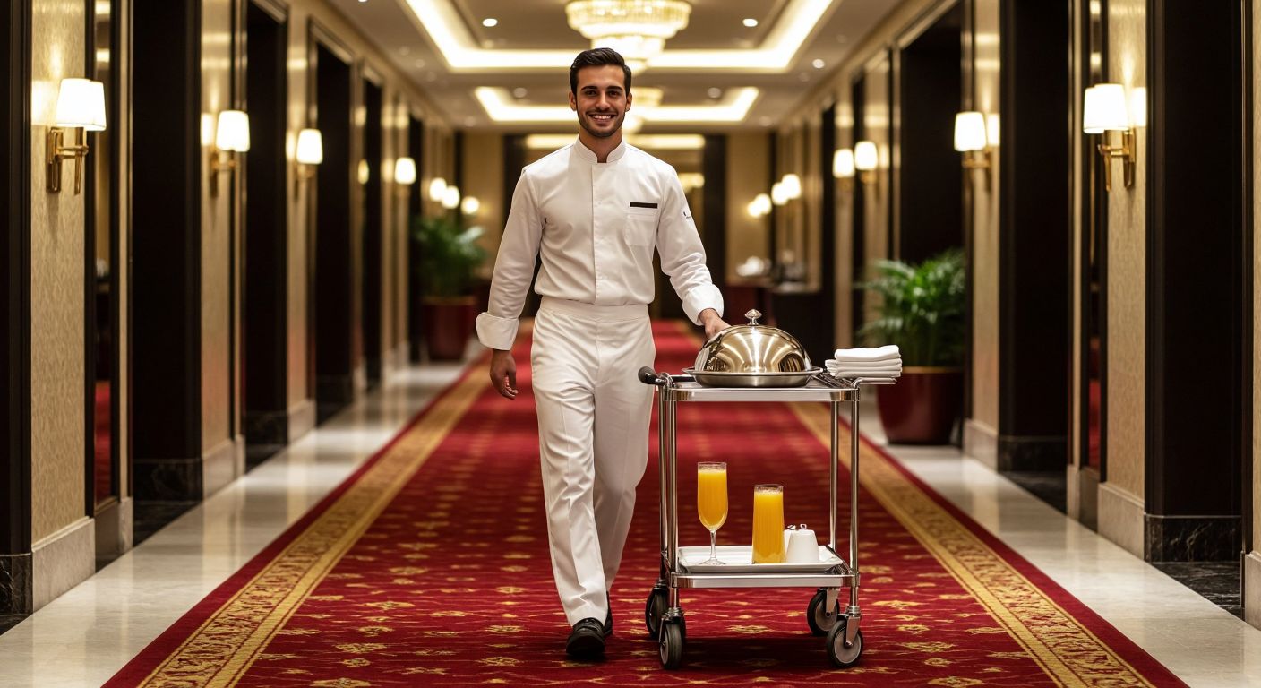 A smiling waiter in a crisp white uniform pushes a silver cart topped with a covered dish and a glass of fresh orange juice down a luxurious hotel hallway with plush red carpet and golden accents.  

(Note: The description avoids text, technology, and explicit content while capturing the essence of "room service" in a hospitality context. The setting is generic to align with the query's broad scope, though the uniform and orange juice subtly nod to common Turkish hotel aesthetics.)
