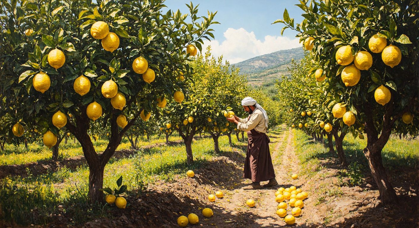 A sunlit grove of Eureka lemon trees in Turkey, their branches heavy with round, yellow lemons, while a farmer in traditional attire gently picks one.