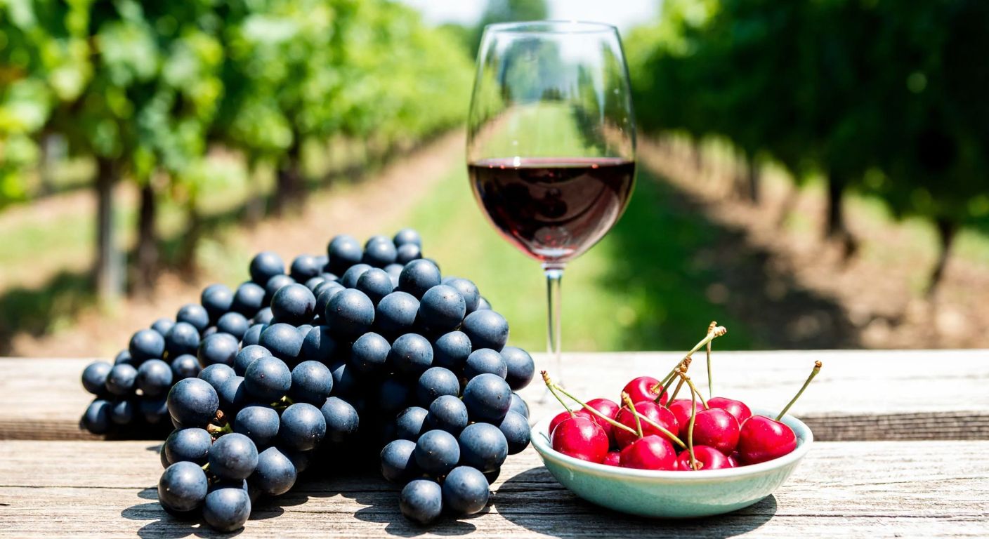 A rustic wooden table in a sunlit vineyard holds a cluster of deep purple Shiraz grapes beside a small bowl of bright red cherries, with a glass of rich red wine in the background.