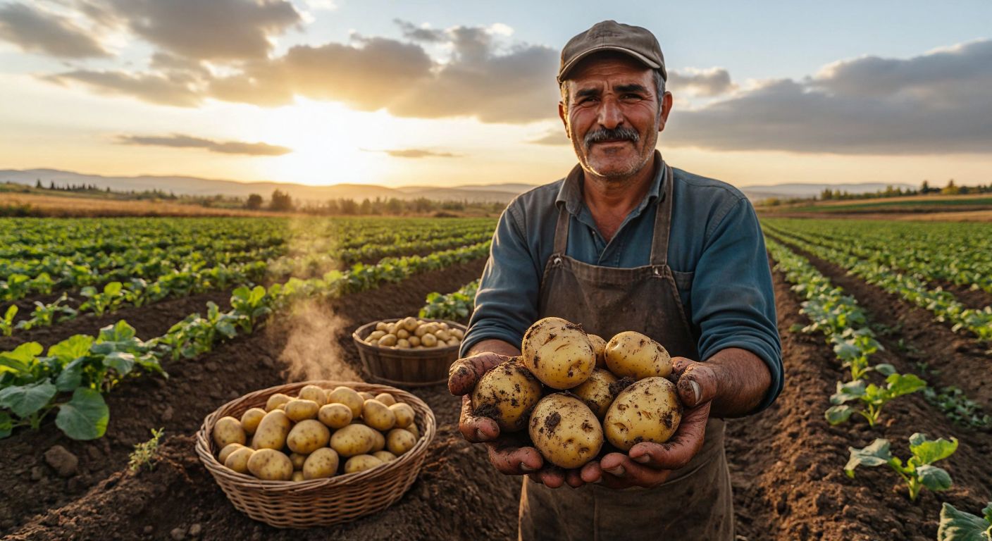 A Turkish farmer in a sunlit field proudly holds freshly dug potatoes with rich brown soil clinging to their skins, while a basket of boiled potatoes steams nearby.