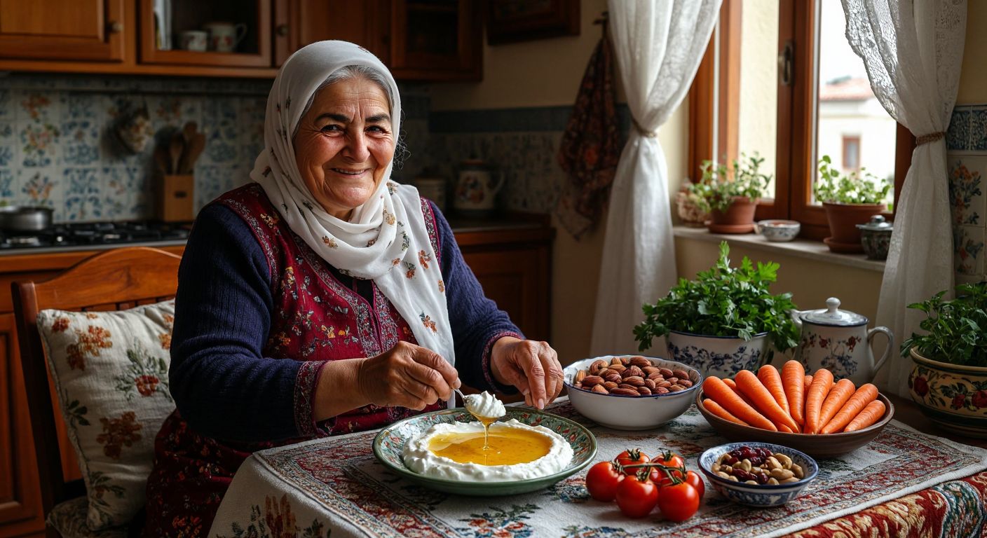 A smiling elderly Turkish woman in a cozy kitchen prepares a colorful plate of yogurt with honey, a bowl of fresh tomatoes and carrots, and a small dish of assorted nuts, while her foot rests in a cast on a cushioned stool nearby.