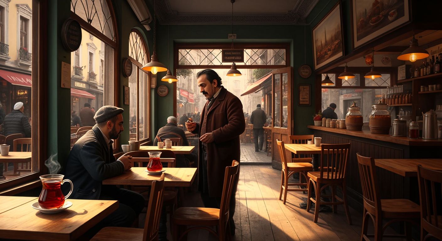 A cozy café in Istanbul with warm wooden tables, steaming cups of Turkish tea, and a friendly waiter shaking his head politely in response to a customer's question.
