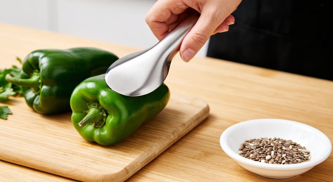 A close-up of a hand holding a stainless steel dolma corer, carefully hollowing out a bright green pepper on a wooden cutting board, with a bowl of discarded seeds nearby.