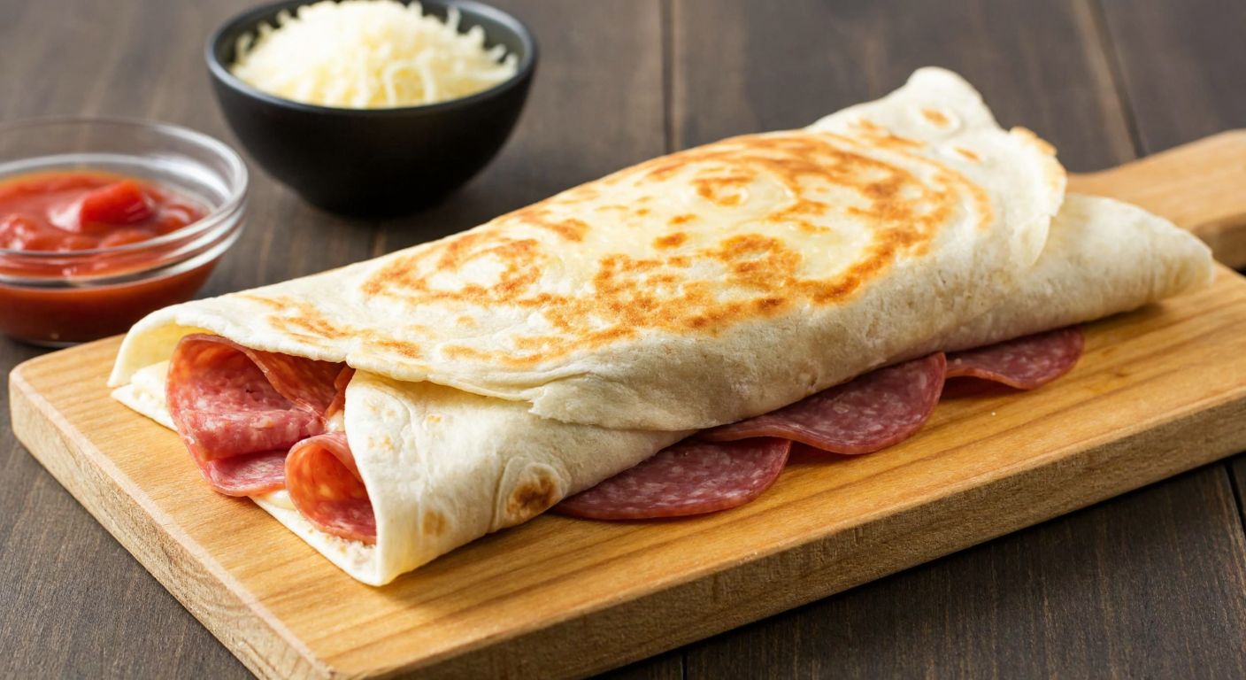 A warm, golden-brown lavaş wrap filled with melted kaşar cheese and neatly arranged slices of salam, resting on a rustic wooden cutting board beside a small bowl of grated cheese and a drizzle of tomato sauce.