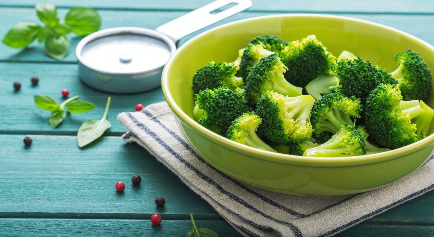 A vibrant green bowl of steamed broccoli on a rustic wooden table in a Turkish kitchen, with a small kitchen scale nearby and fresh herbs scattered around.