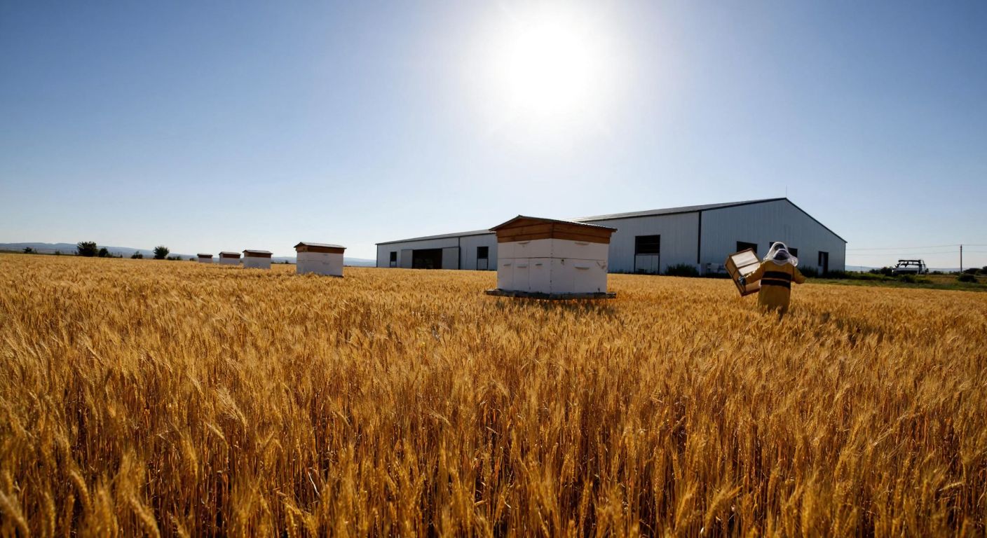 A sunlit field in Konya's Akşehir district with golden wheat swaying in the breeze, a modern agricultural warehouse in the background, and a beekeeper in protective gear inspecting hives nearby.