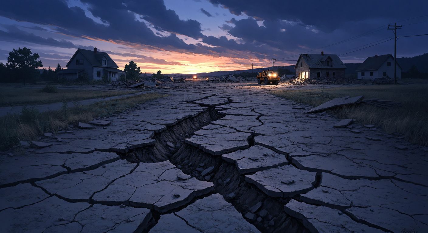 A cracked, rugged landscape with deep fissures under a dusky sky, surrounded by collapsed rural buildings and distant rescue teams with flashlights.