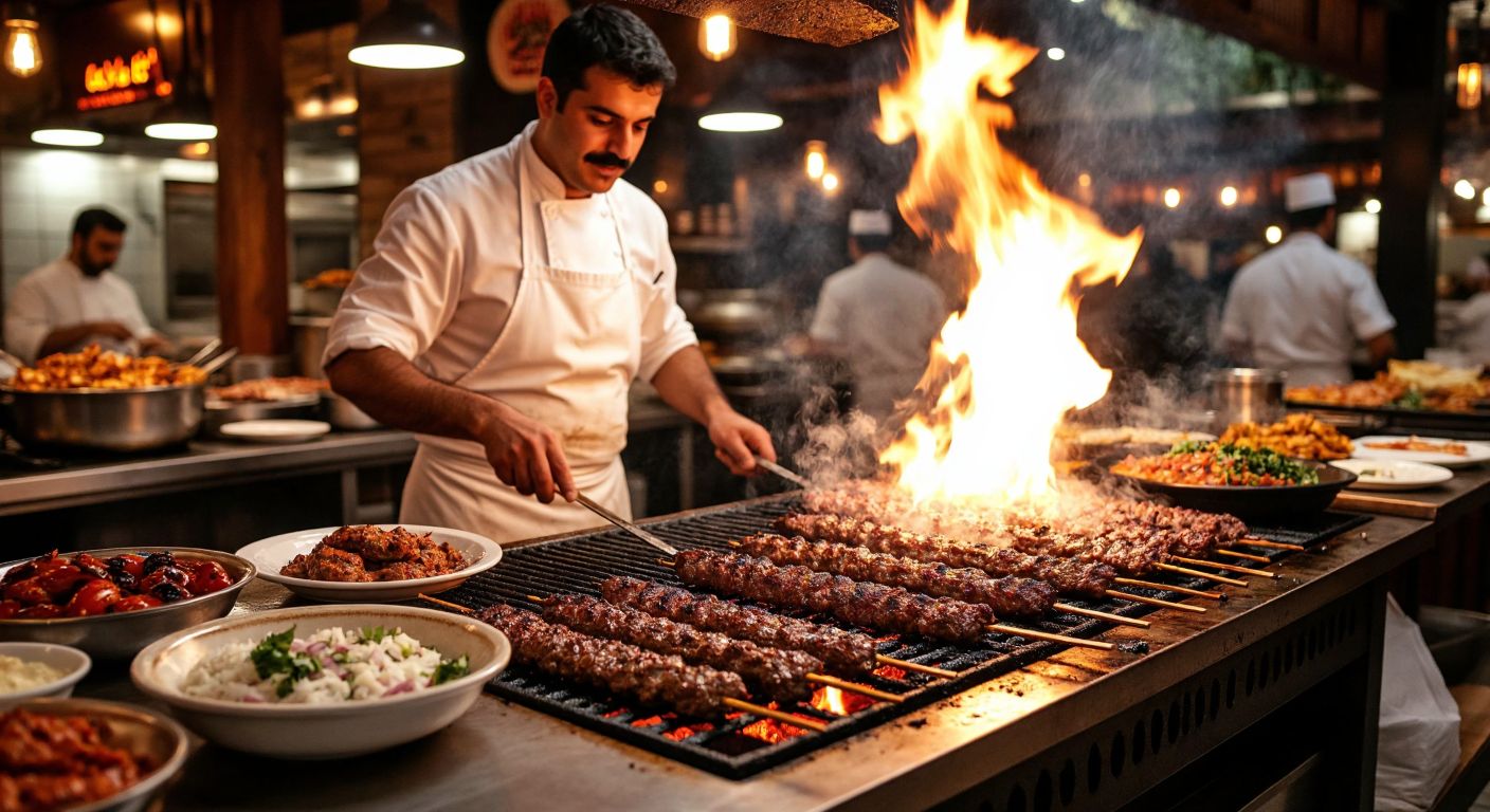 A bustling Turkish kebab restaurant with sizzling skewers of Adana kebab on a charcoal grill, surrounded by warm wooden tables and the aroma of spices, as a mustachioed chef in a white apron tends to the flames.