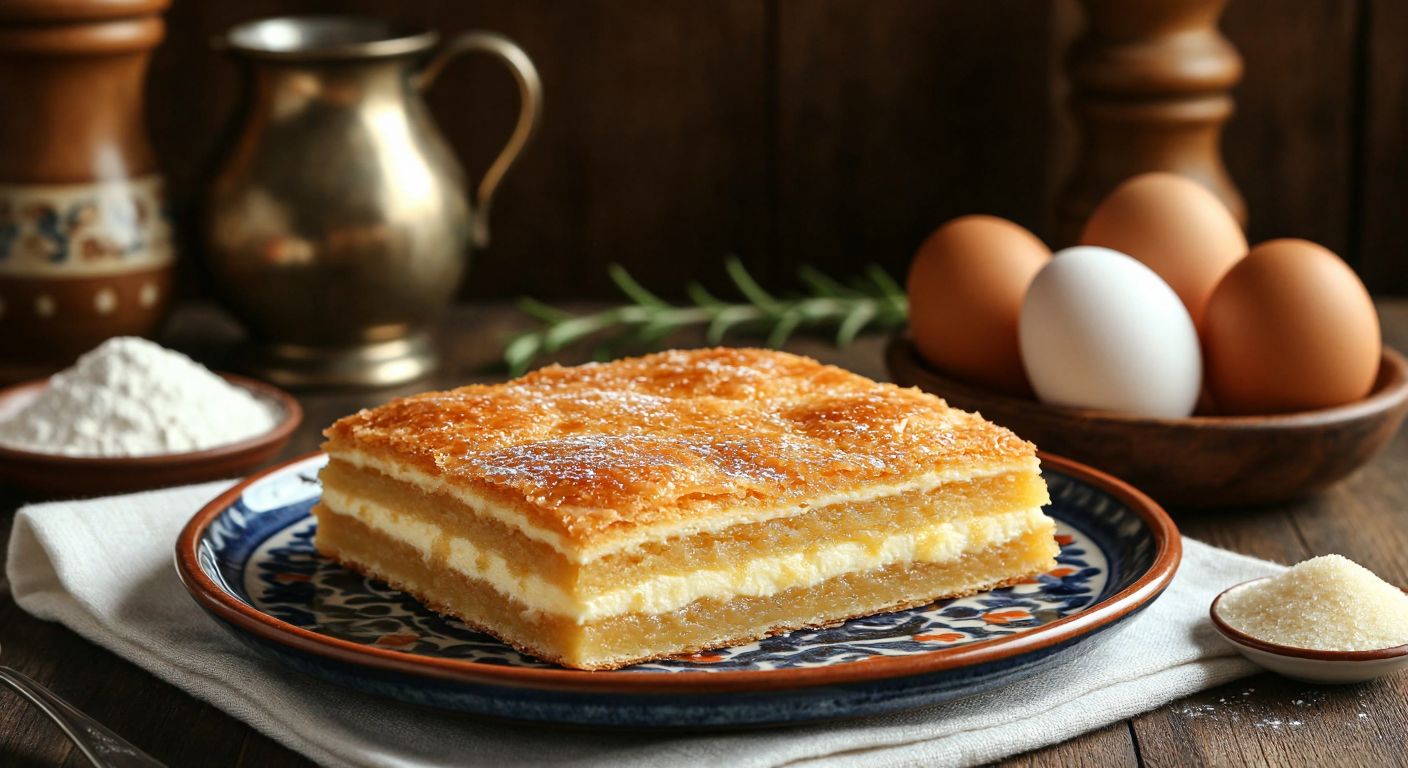 A golden-brown prenses tatlısı with a crisp top and creamy layers, resting on a traditional Turkish ceramic plate beside fresh ingredients like eggs, flour, and semolina, with a warm kitchen scene in the background.