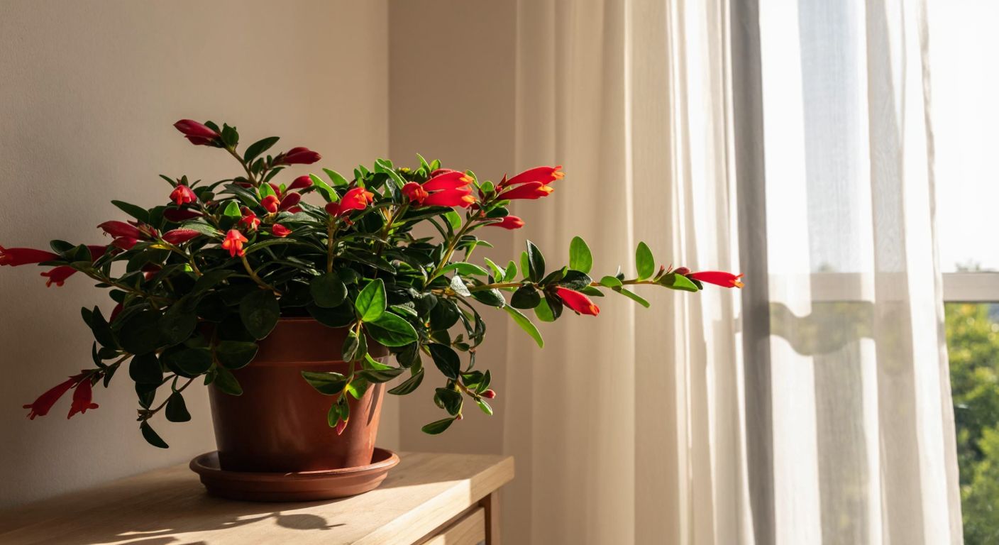 A vibrant lipstick plant with glossy green leaves and bright red tubular flowers sits on a wooden shelf near a sunlit east-facing window in a cozy Turkish home, with sheer curtains diffusing the sunlight.