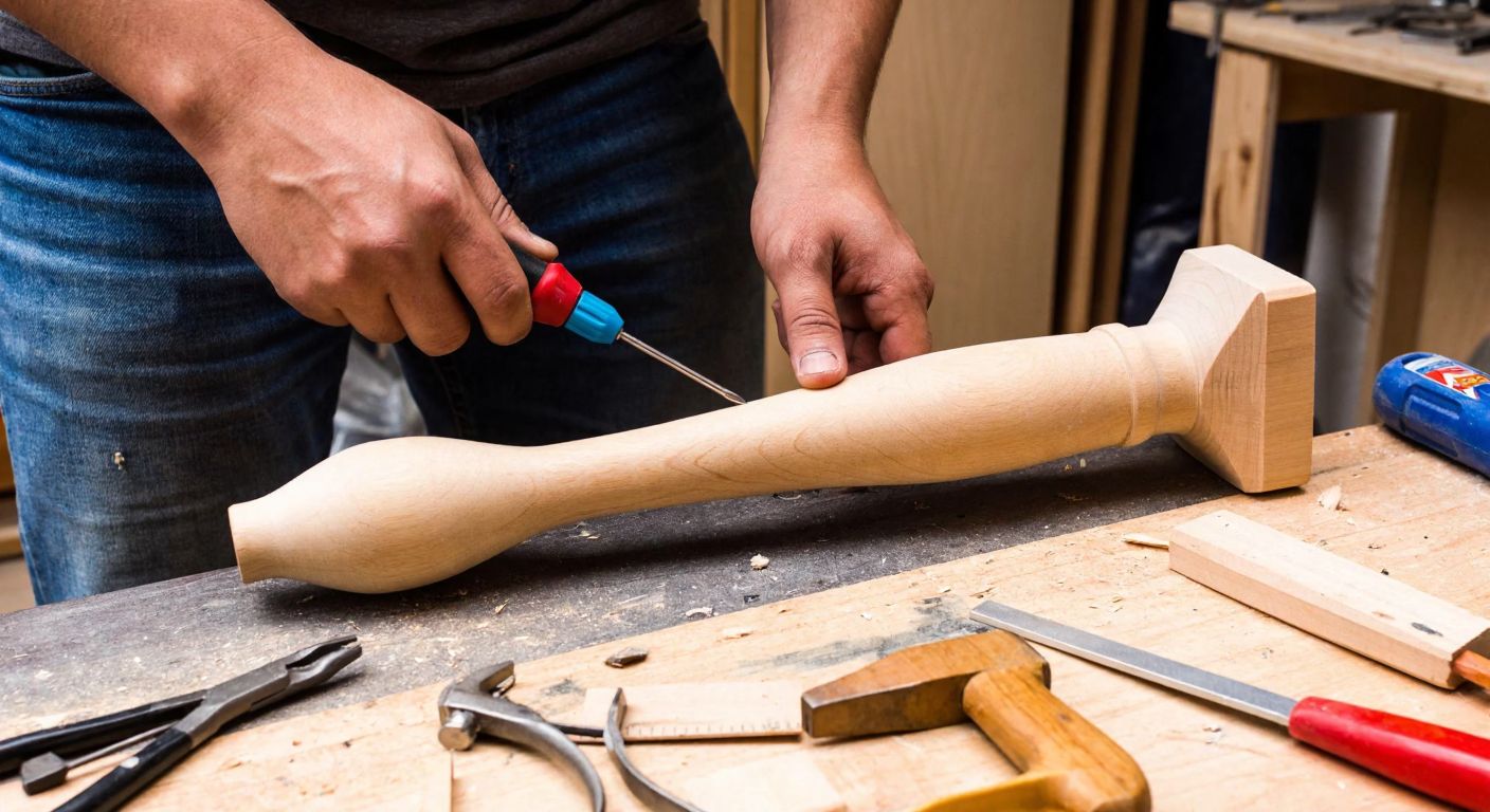A person in a Turkish home workshop carefully removing a wooden cabinet leg with a screwdriver, surrounded by scattered tools and wood glue.