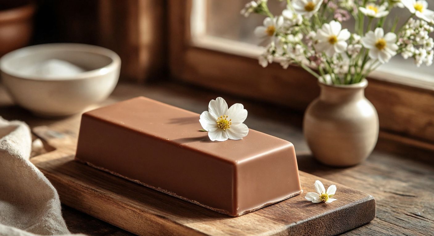 A close-up of a smooth, creamy chocolate bar with a delicate white bloom on its surface, resting on a rustic wooden table in a warmly lit Turkish kitchen, with a small vase of fresh wildflowers nearby.