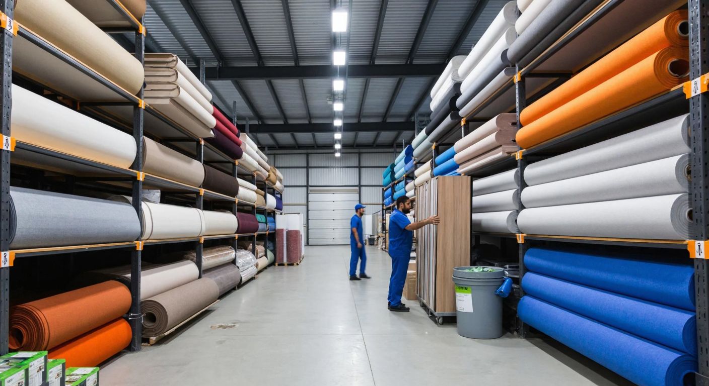 A modern Turkish warehouse with neatly stacked rolls of flooring materials, colorful carpet samples, and workers in blue uniforms inspecting high-quality laminate tiles under bright fluorescent lights.