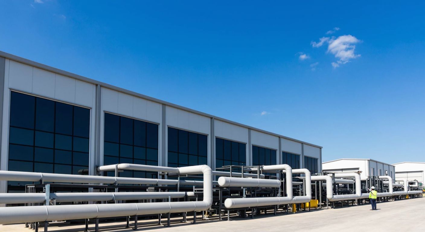 A modern industrial building with sleek ventilation systems under a bright blue sky, surrounded by neatly arranged pipes and workers in safety gear inspecting machinery.