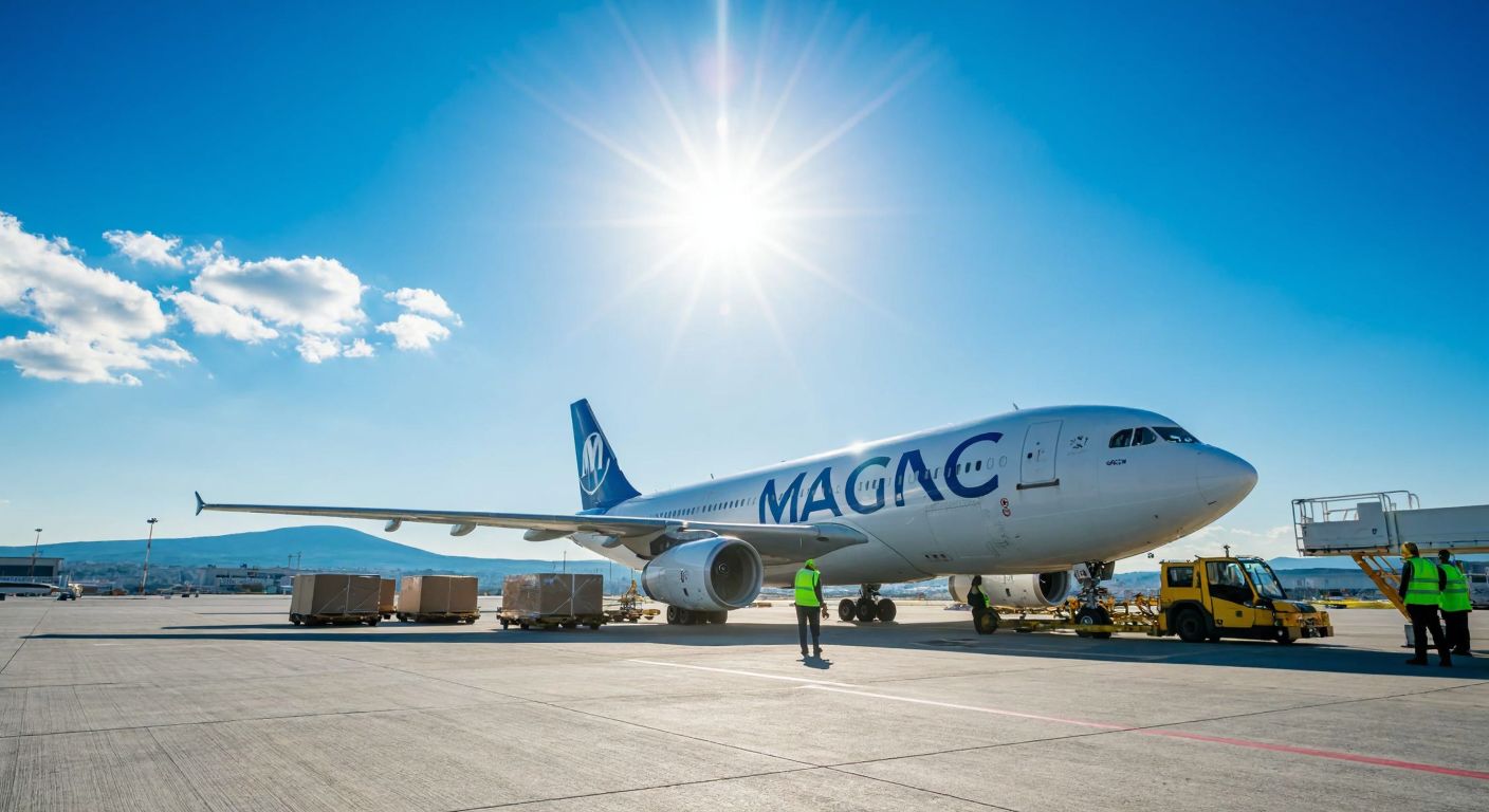 A sleek cargo plane with MNG Havayolları branding parked on a Turkish airport tarmac, with workers in high-visibility vests loading packages under a bright sun, symbolizing logistics and ownership transition.