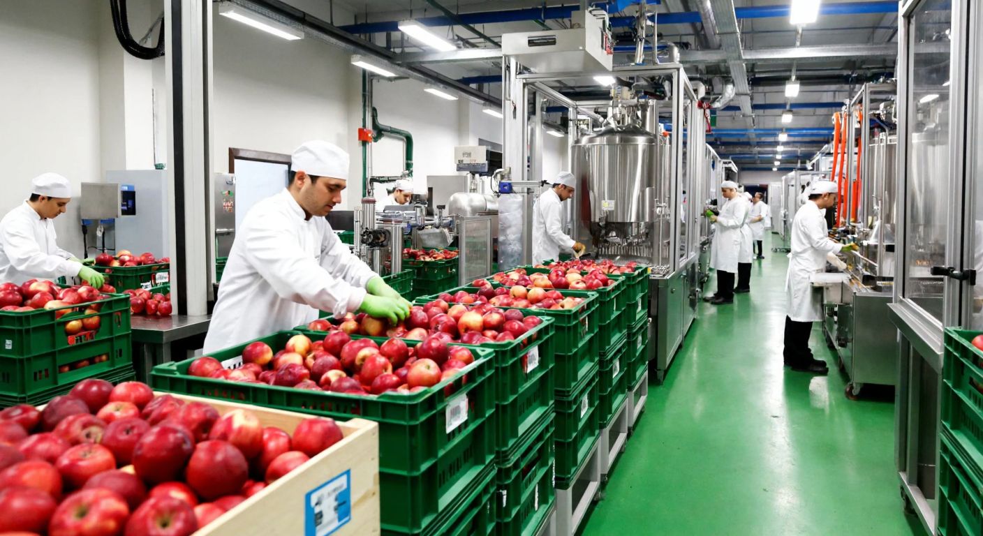 A modern, bustling food factory in Sakarya, Turkey, with workers in white uniforms carefully bottling fresh apple juice, surrounded by crates of ripe red apples and stainless-steel machinery.