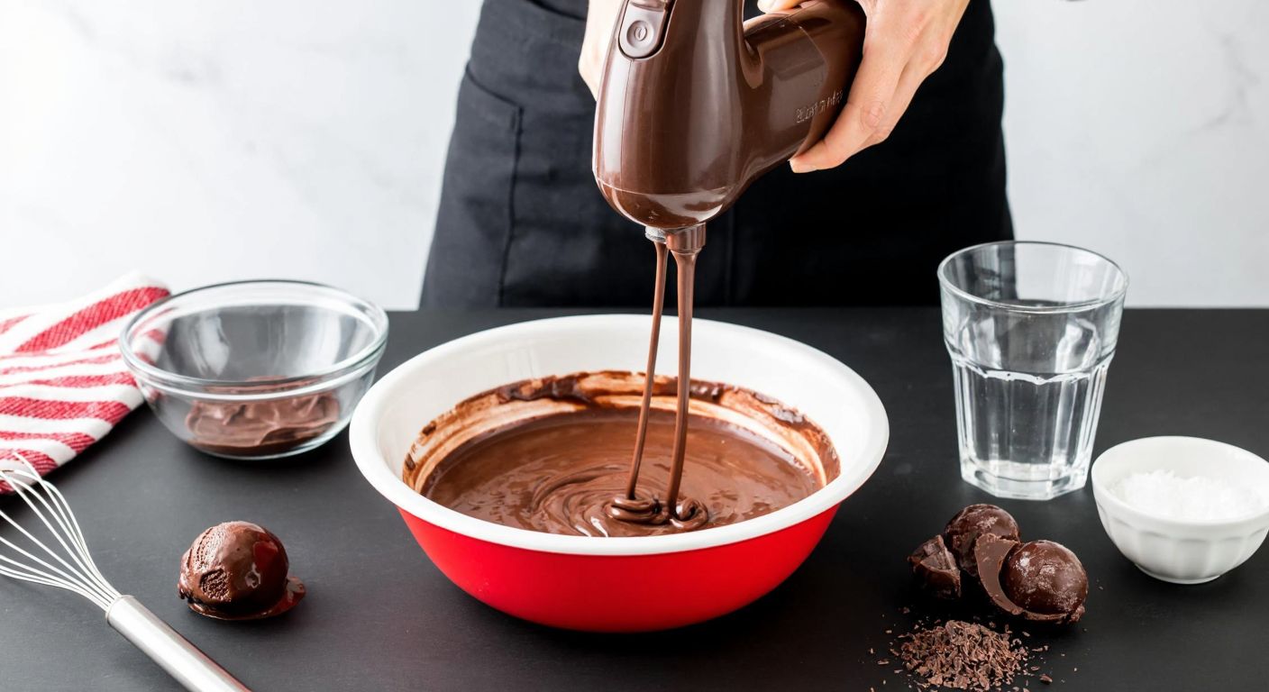 A Turkish kitchen counter with a bowl of creamy chocolate Creme Ole mixture being whipped by a hand mixer, surrounded by ingredients like milk, chocolate shavings, and melting ice cream scoops, with a glass cup ready to be filled nearby.