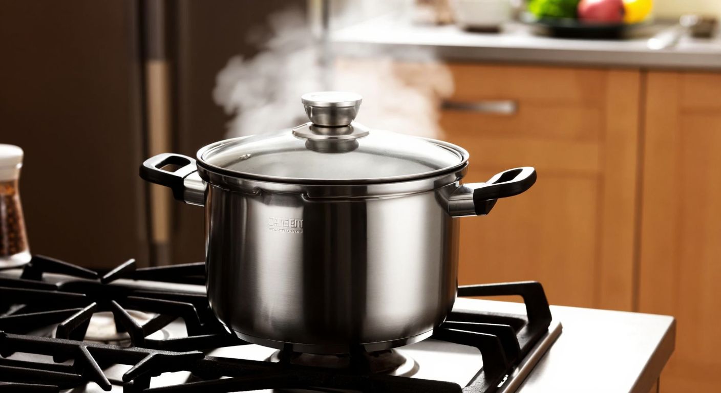 A stainless steel pressure cooker sits on a gas stove, steam gently escaping from its edges, with a warm kitchen backdrop and the aroma of a traditional Turkish dish filling the air.