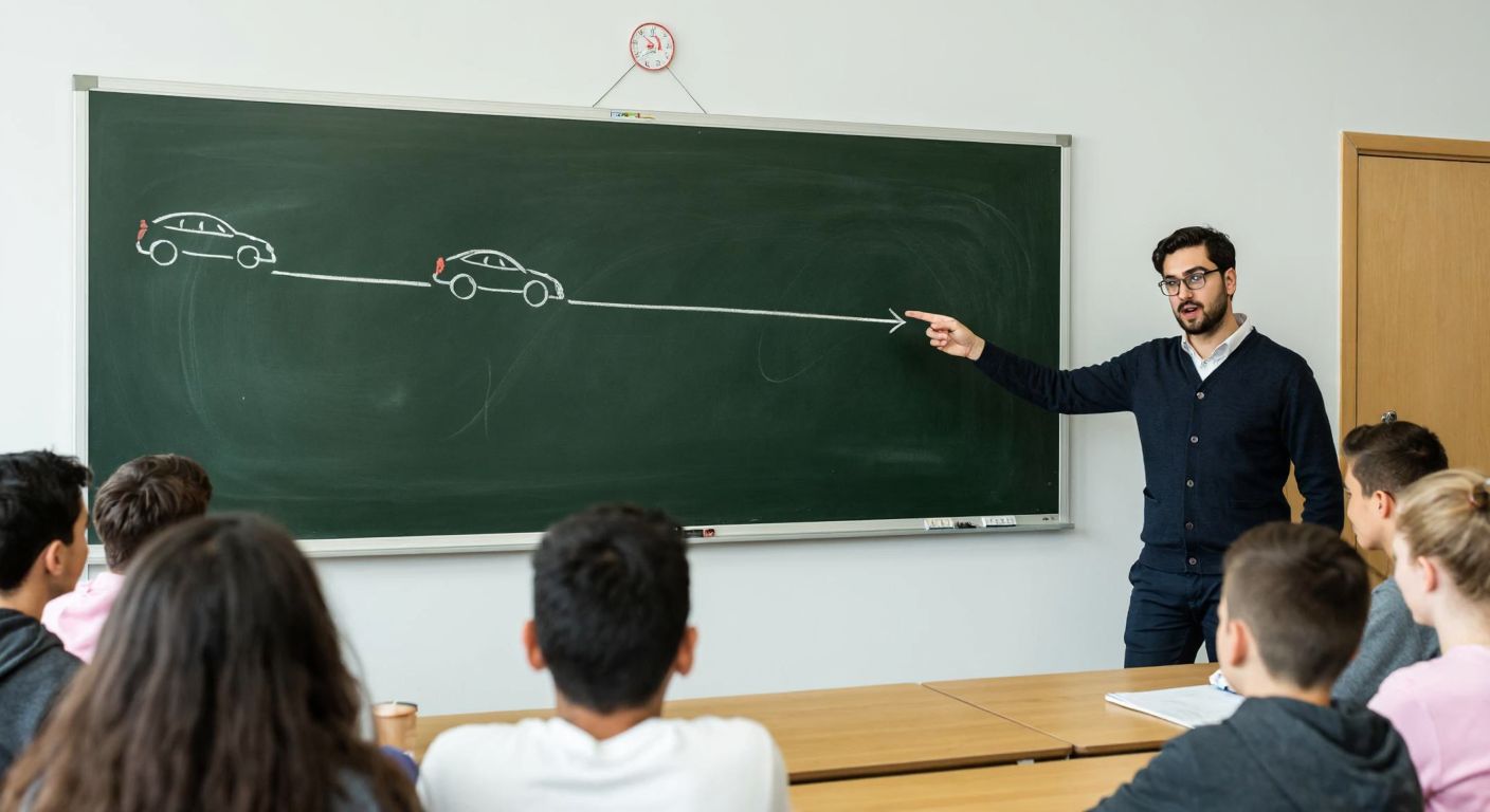 A Turkish physics teacher in a classroom points at a chalkboard with a simple diagram of a car moving in a straight line (speed) and another car turning a corner (velocity), while students watch attentively.