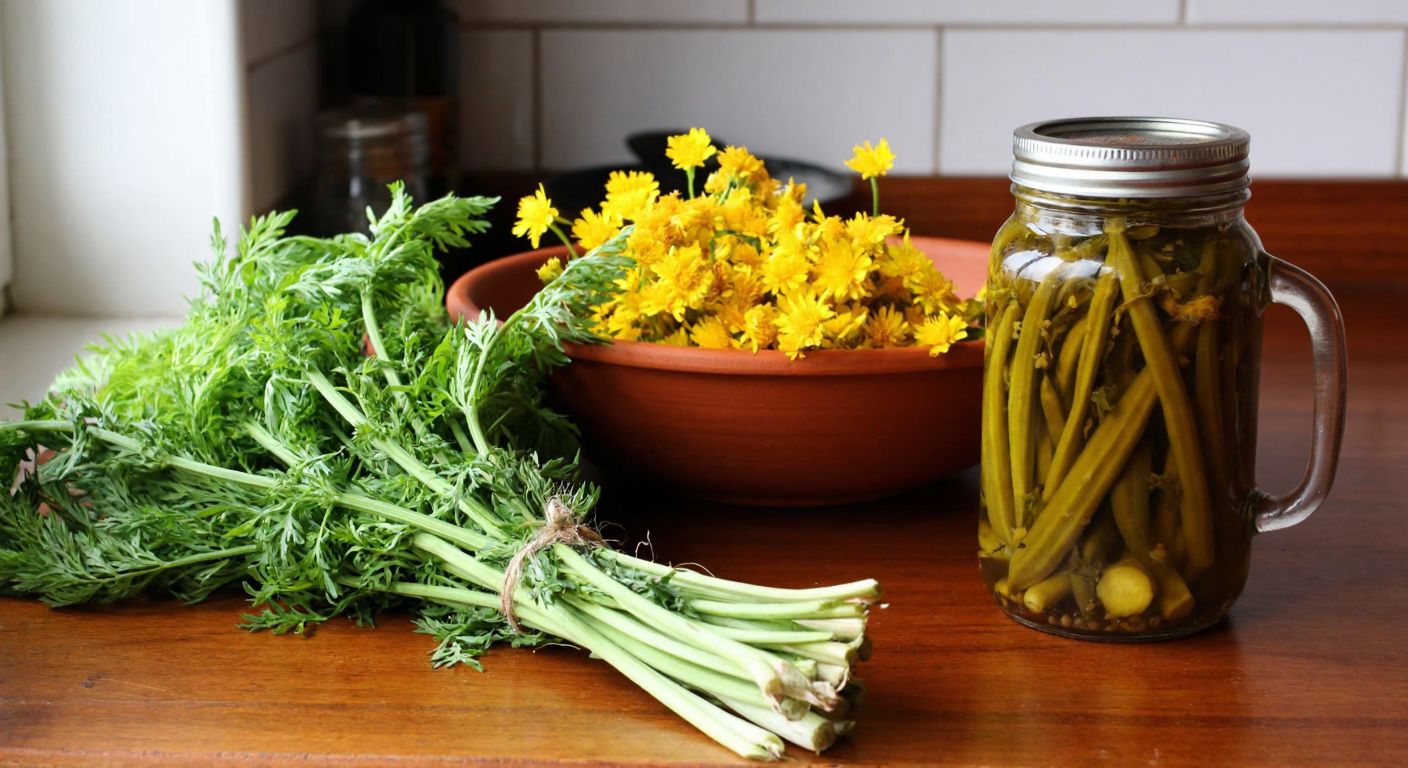 A rustic Turkish kitchen counter with a jar of pickles infused with yellow-flowered çördük herb next to freshly harvested green bunches of the aromatic plant.