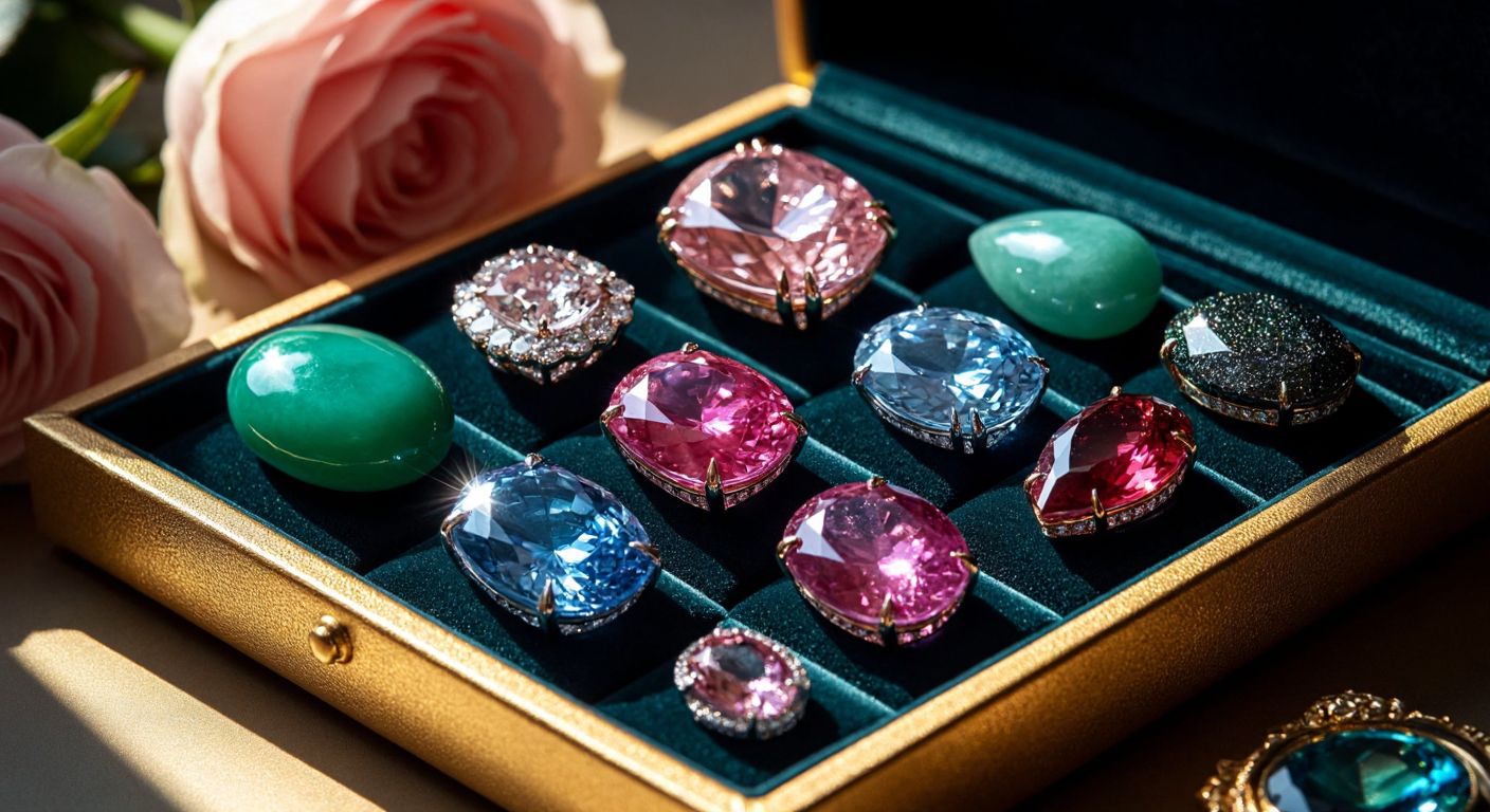 A sparkling display of rare gemstones—blue diamond, pink diamond, red beryl, jadeite, and black opal—arranged on a velvet-lined tray under soft golden light, evoking luxury and rarity.