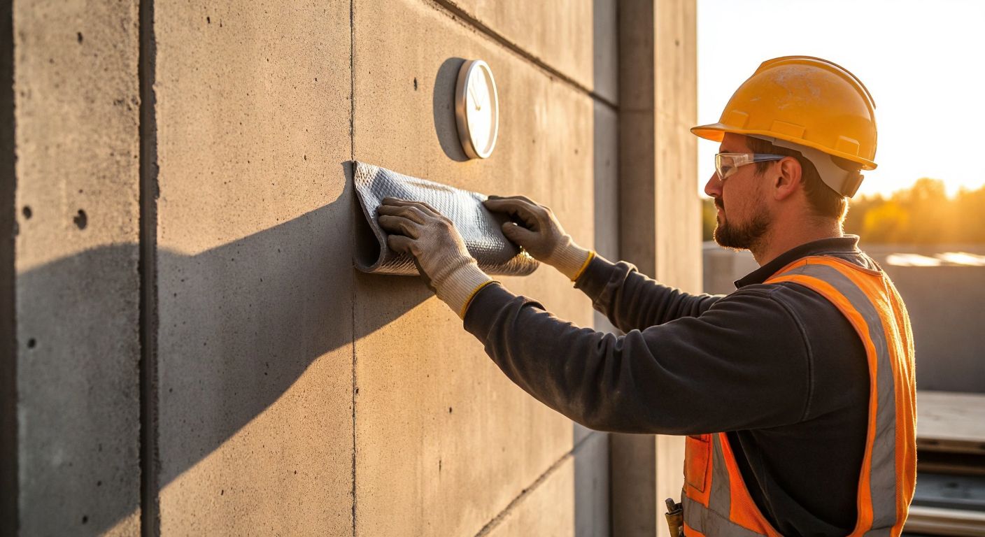 A construction worker in a hard hat carefully applies gray waterproofing material to a concrete wall under warm sunlight, with a clock subtly visible in the background.