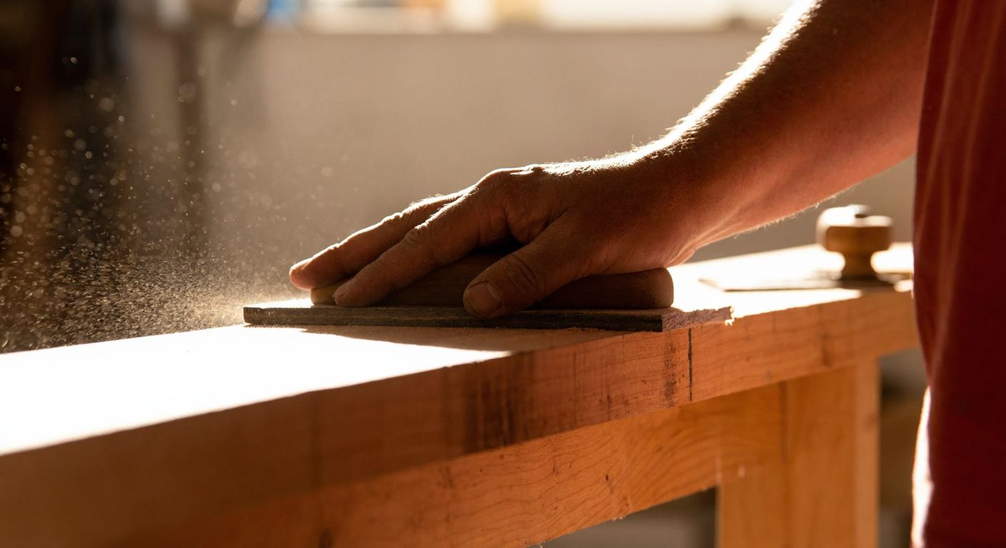 A close-up of a craftsman's rough hands smoothing a wooden surface with a sheet of sandpaper, surrounded by fine dust particles catching sunlight in a small Turkish workshop.