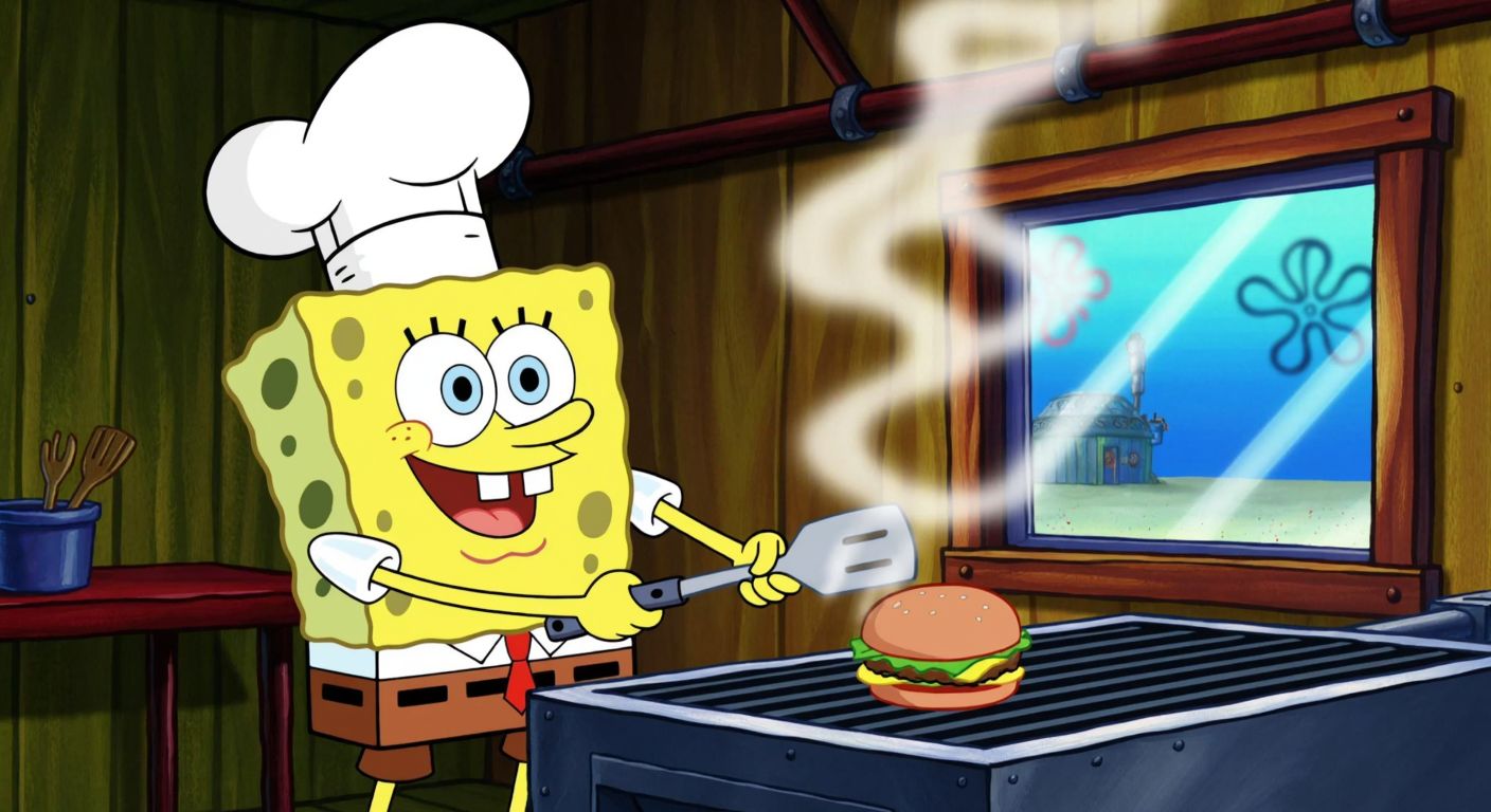 A cheerful SpongeBob in a chef’s hat flipping a sizzling crab burger on a grill in the Krusty Krab kitchen, surrounded by steam and a warm, inviting glow.