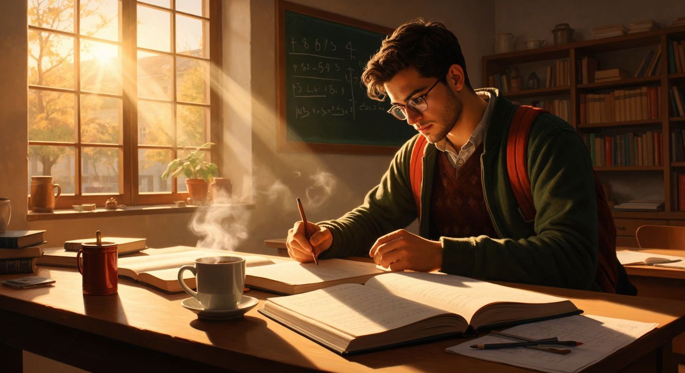 A focused Turkish student in a sunlit classroom writes equations on a chalkboard, surrounded by open notebooks and a steaming cup of çay, with a teacher pointing to a quadratic formula.