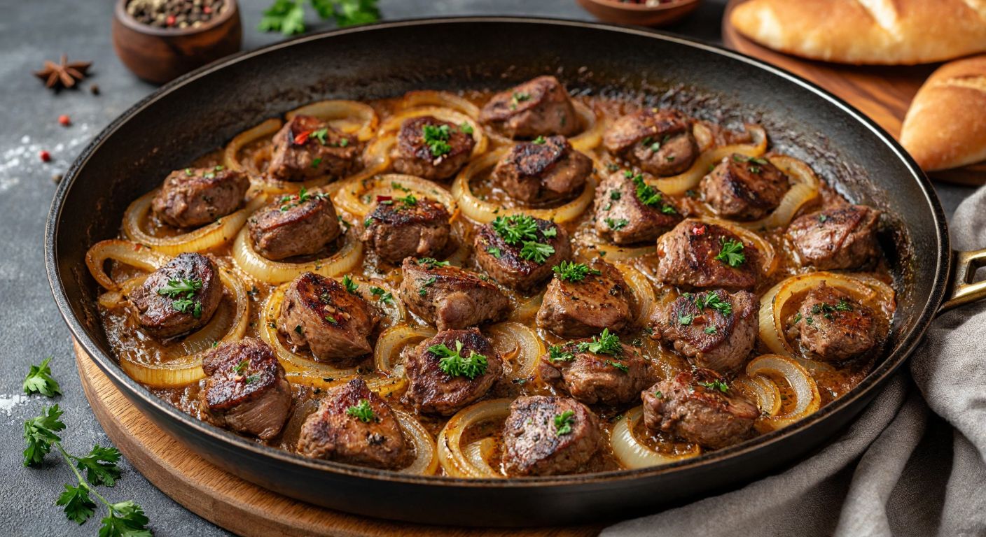 A golden-brown sizzling pan of chicken livers with caramelized onions, sprinkled with fresh parsley and aromatic spices like cumin and thyme, set on a rustic Turkish kitchen counter.
